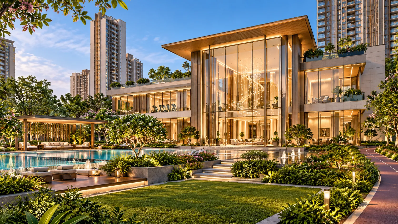 L&T Aravista three-storey clubhouse at golden hour with pool, lounge deck and landscaped greens