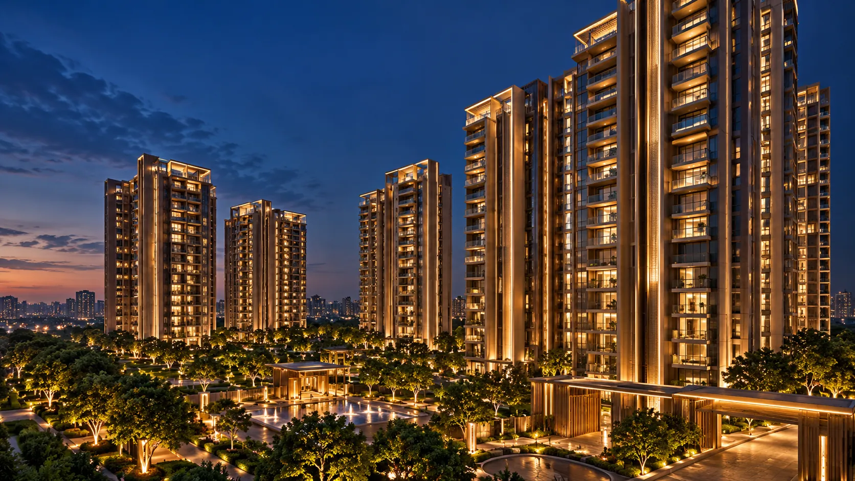 Residential towers lit at twilight – L&T Aravista, Sector 86 Gurgaon