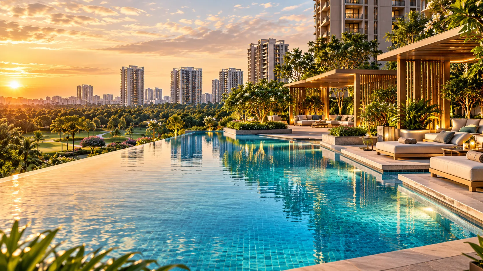 Infinity-edge pool at golden hour – L&T Aravista, Sector 86 Gurgaon