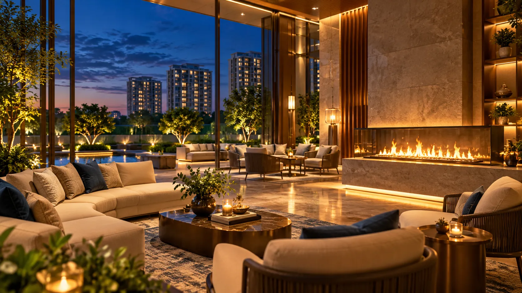 Fireside lounge at blue hour – L&T Aravista, Sector 86 Gurgaon