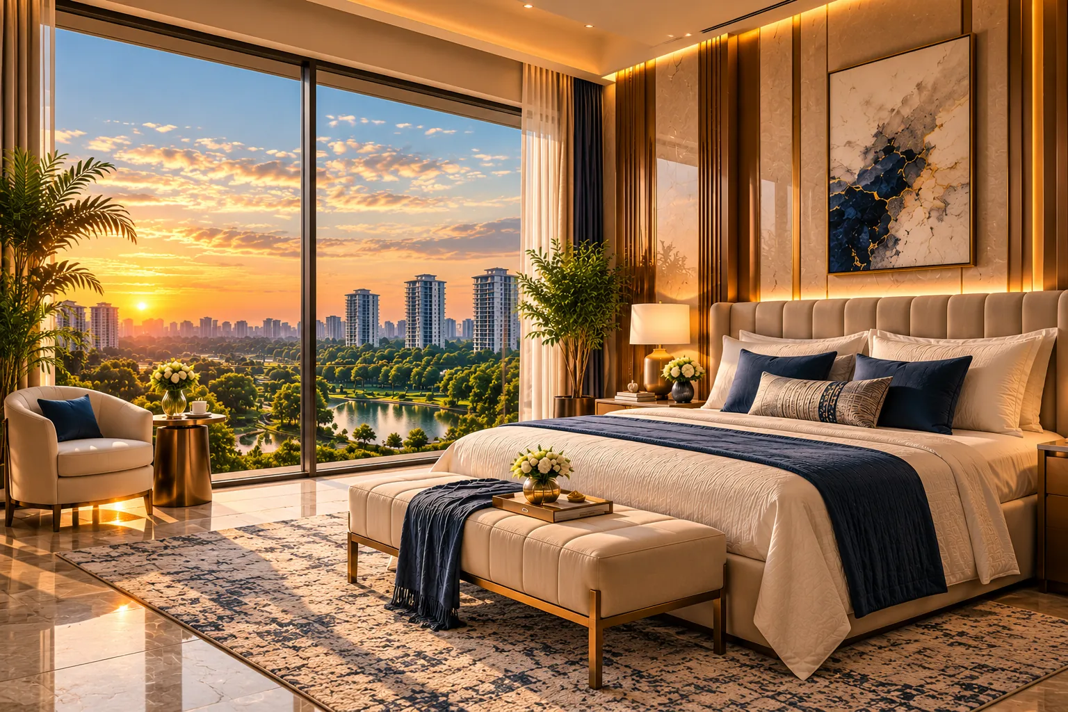 Master bedroom at golden hour – L&T Aravista Majesta 3 BHK