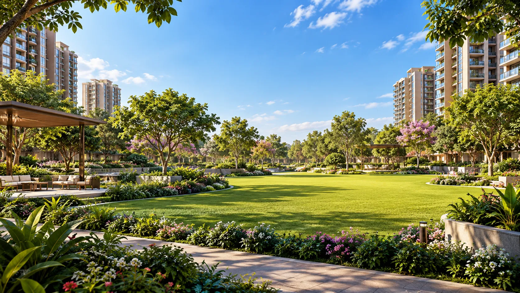 Open garden courtyard with lawns and seating – L&T Realty project in Gurgaon