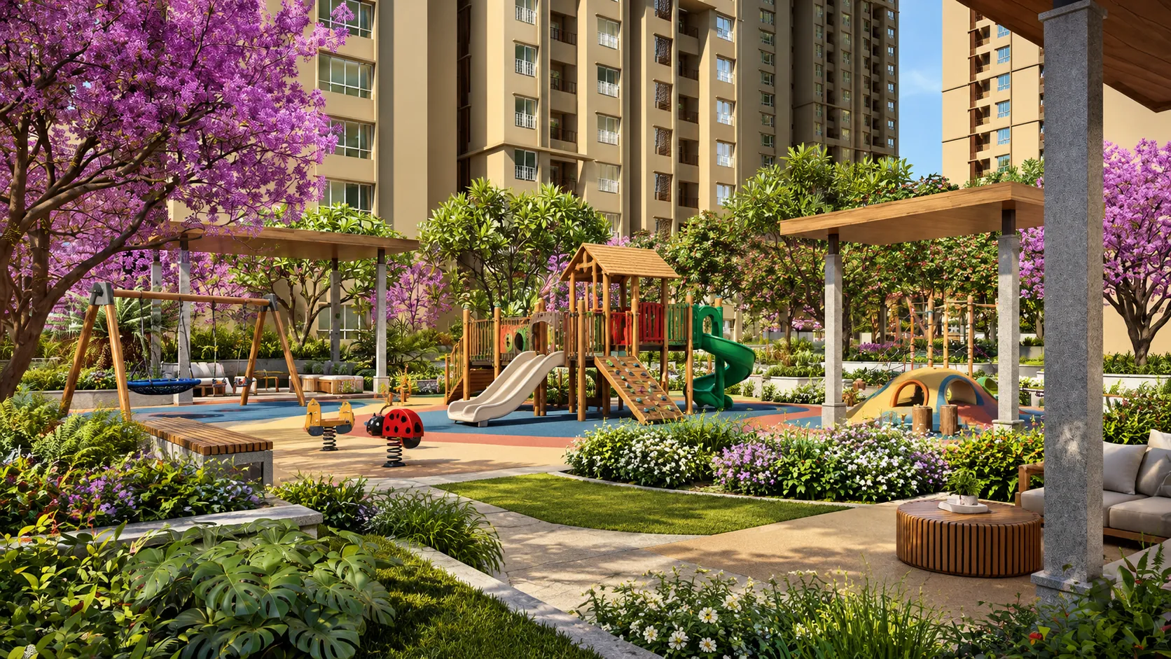 Children's play area in a landscaped courtyard – L&T Aravista amenities