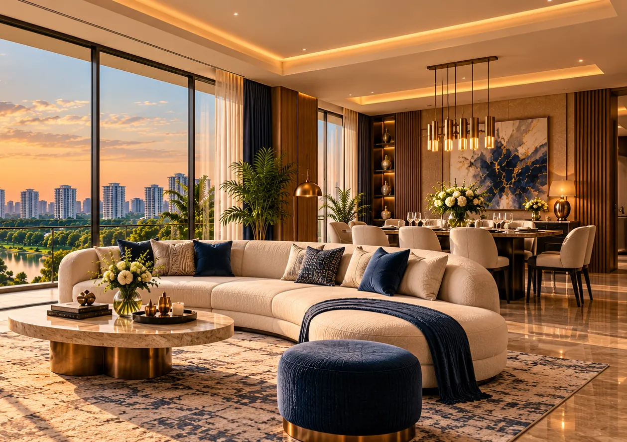 Living and dining room at golden hour – L&T Aravista Regalia 3 BHK